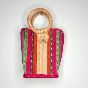 Que Chula Straw Raffia Striped Double Top Handle Rectangle Coastal Tropical Bag